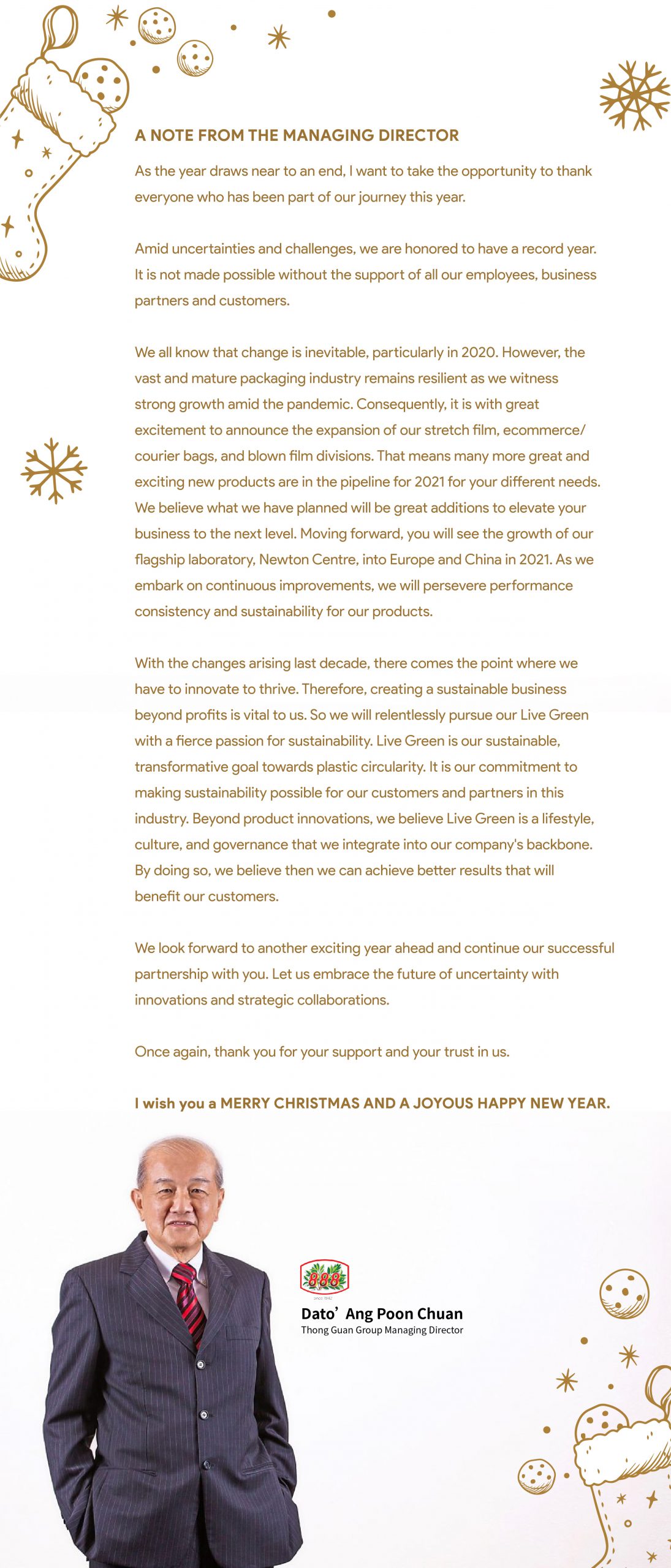 Christmas greeting from the managing director of Thong Guan