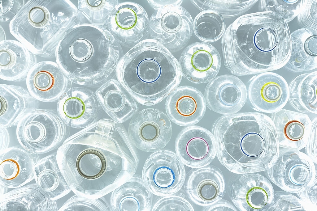 Overhead view of empty plastic bottles