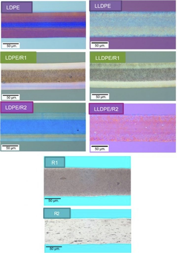 Recycled Plastics in Food Packaging: Microscopy cross section of 3-layered films