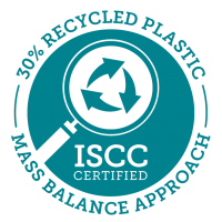 ISCC PLUS logo for mass balance approach with 30% recycled plastic